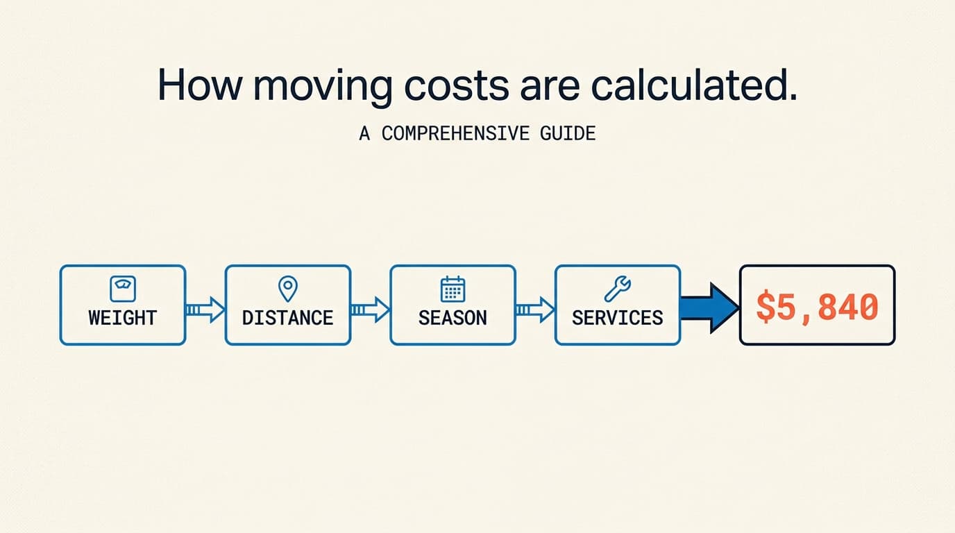 The four-factor formula: Weight × Distance × Season × Services equals the moving cost estimate.