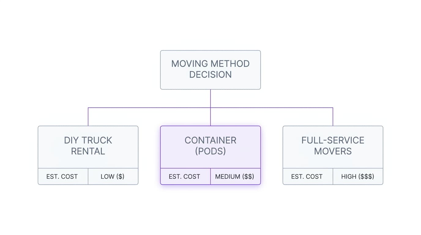 A three-branch decision tree comparing truck rental, portable containers, and full-service moving with a cost figure under each.