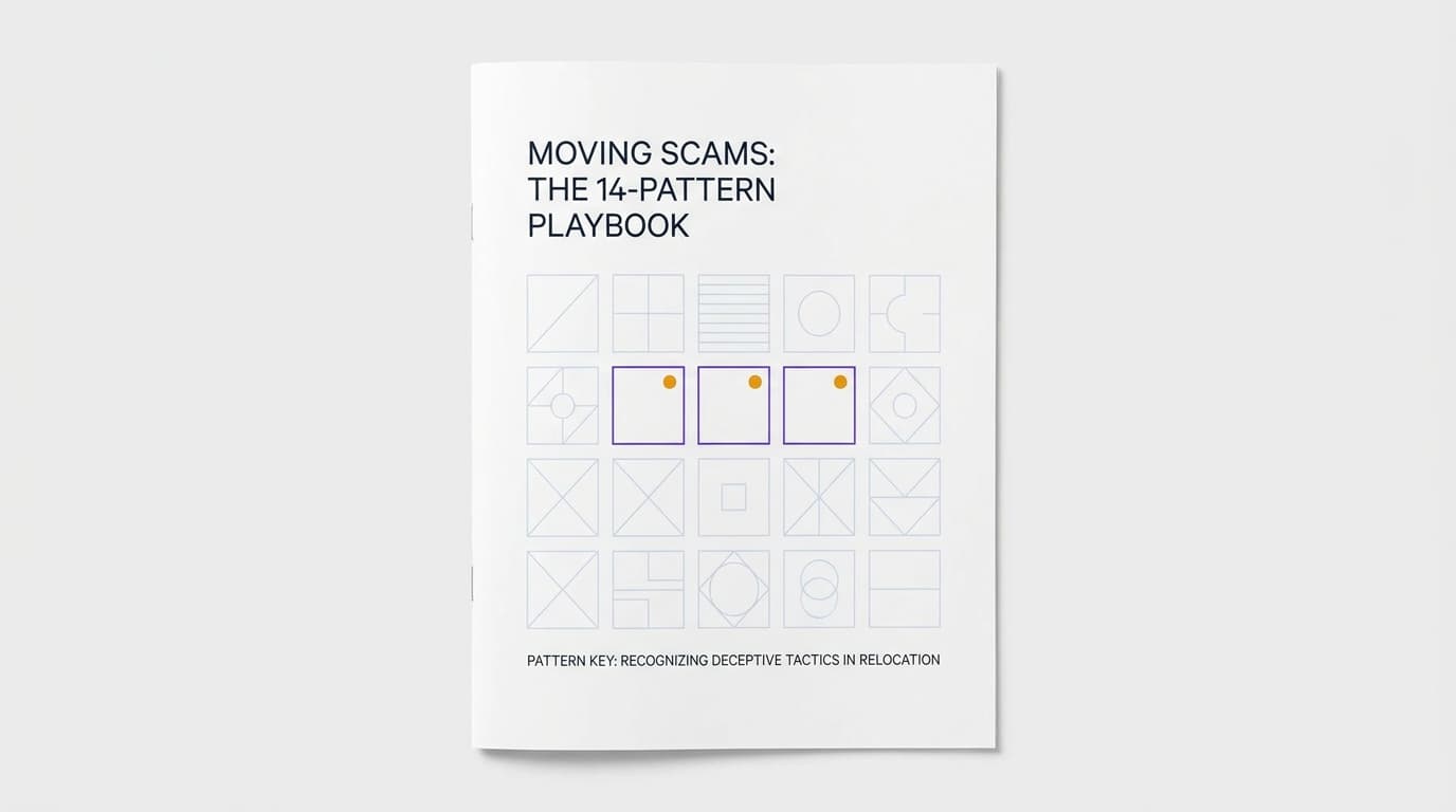 A grid of pattern cells with three flagged, illustrating recognizable moving-scam patterns.