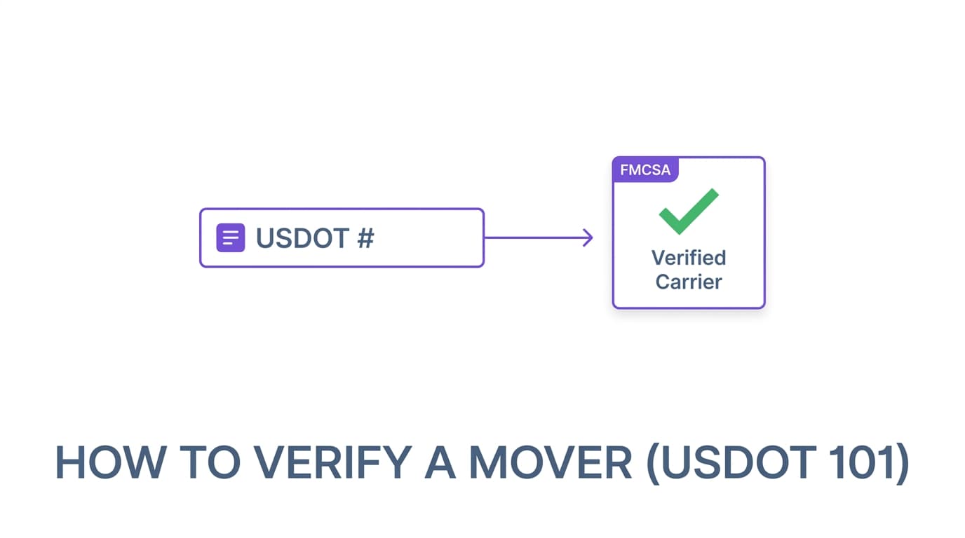 Abstract diagram of an FMCSA USDOT license lookup resolving to a green verified check mark.